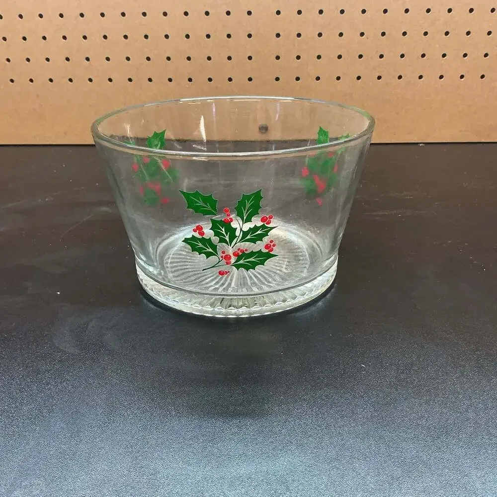 Vintage Indiana Glass Christmas Holly Berry Party Serving Bowl Ice Bucket